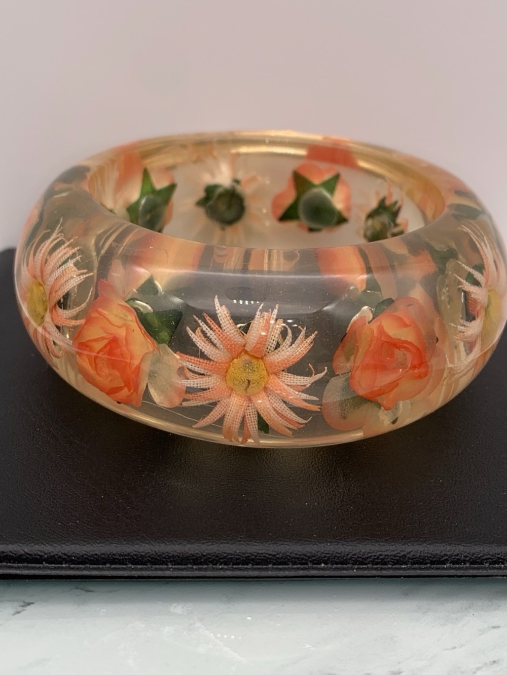 Chunky Encased Peach Floral Resin Bracelet Bangle - Women's Fashion Bracelet